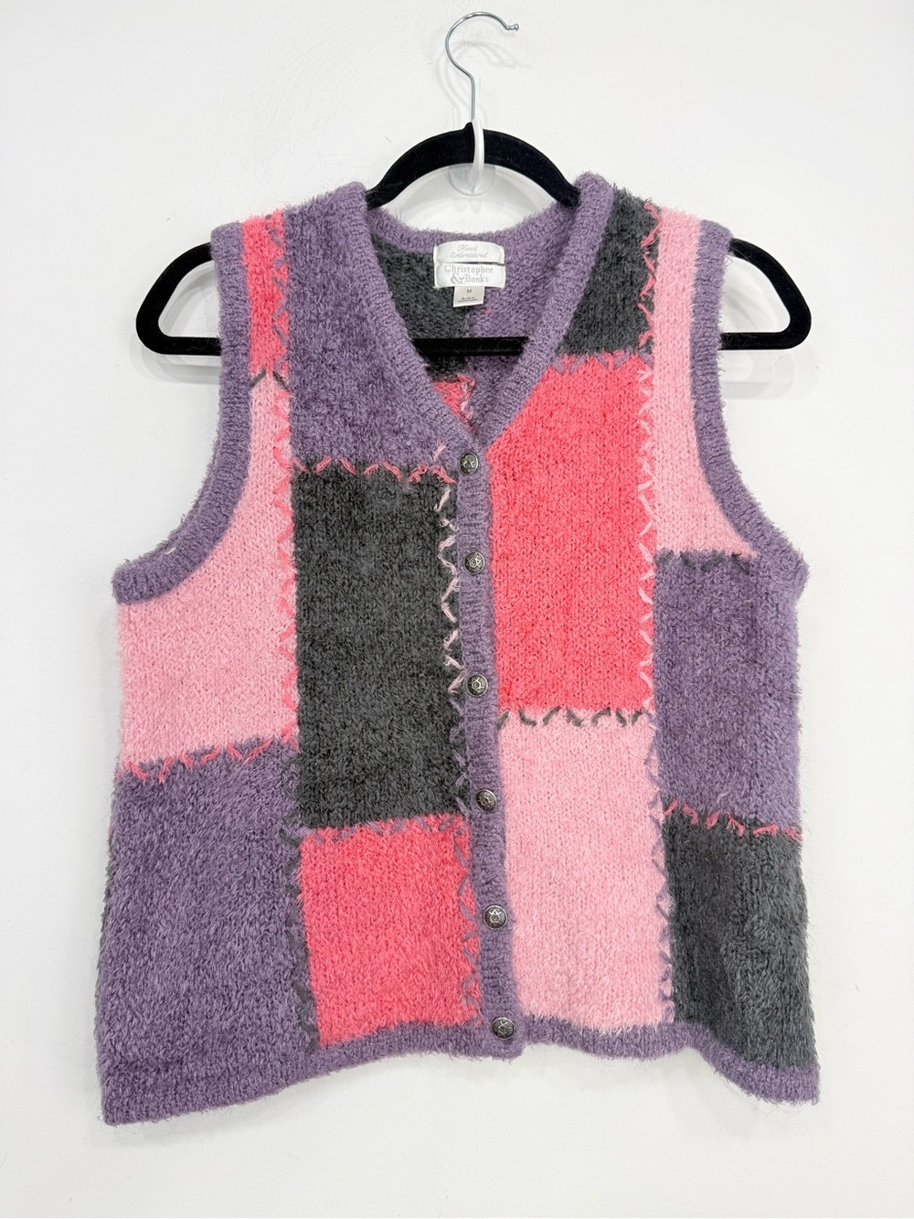 Christopher & Banks Vintage 2003 Patchwork Knit Fuzzy Button Up Sweater Vest